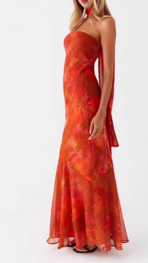 Digital print backless dress