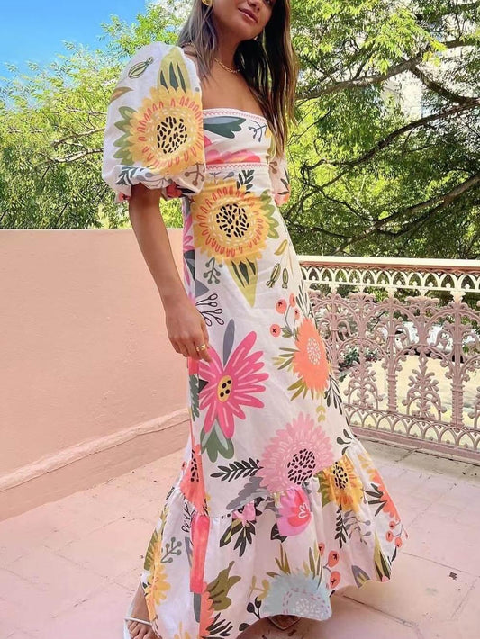 Square Neck Floral Print Bubble Sleeve Maxi Dress