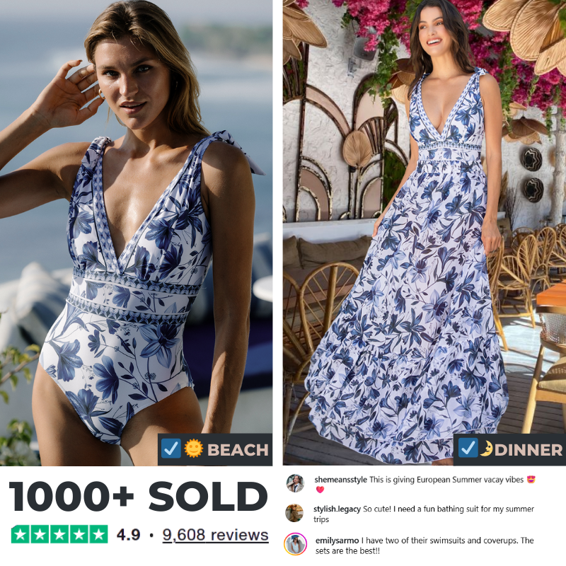 V Neck Lace Up Printed One Piece Swimsuit and Skirt