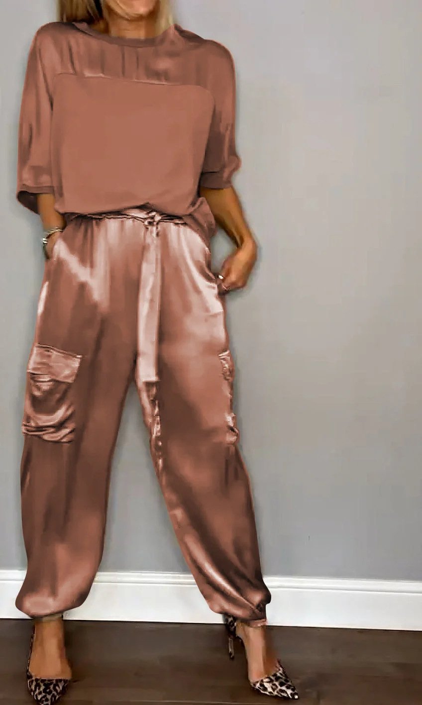 Smooth Satin Half-sleeved Top and Pants SetšBUY 2 FREE SHIPPING