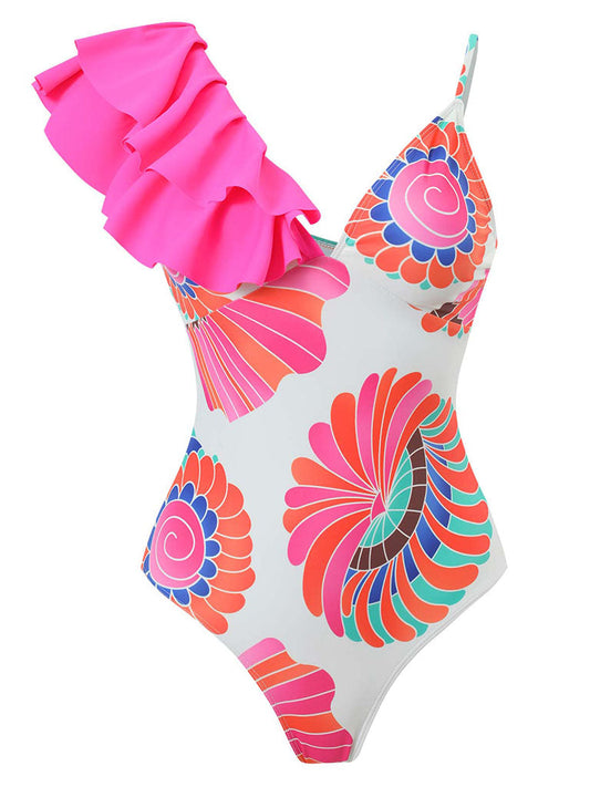 Vibecurve® Floral Print Ruffles Strap One Piece With Bathing Suit Wrap Skirt