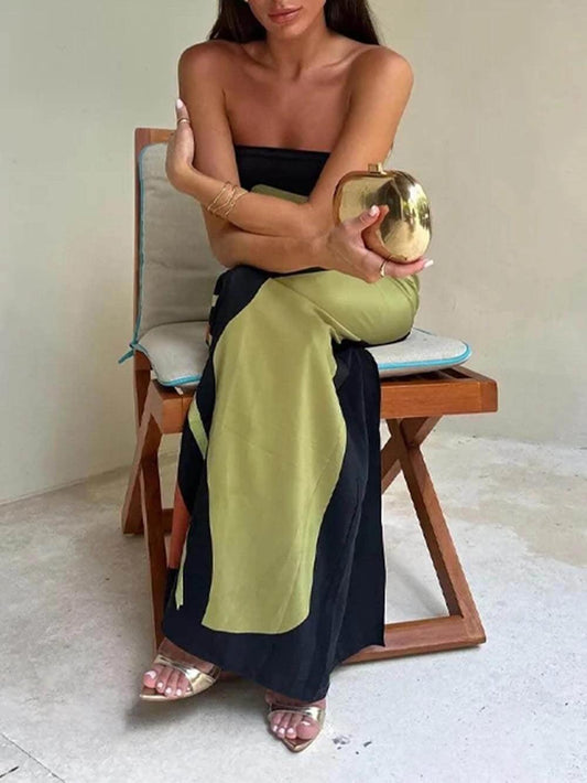 Strapless Color Block Printed Maxi Party Dress