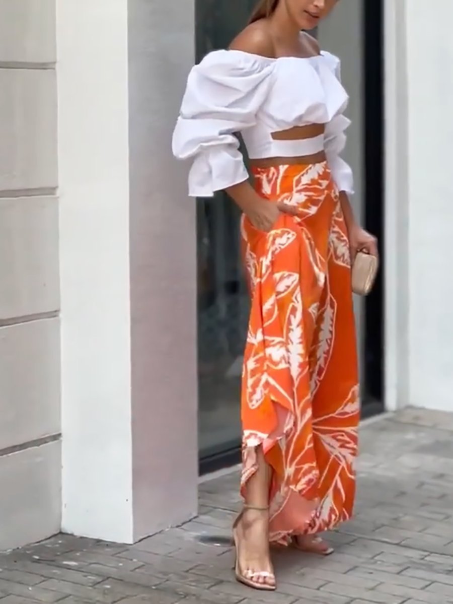 Two-piece set of cropped top & printed wide-leg pants