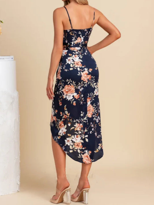 Pleated Floral Print Sheath Midi Dress