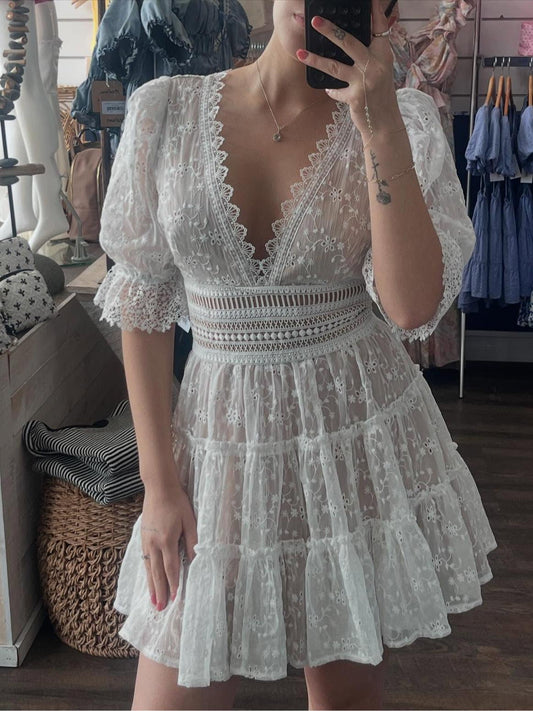 Elegant casual deep V lace short dress