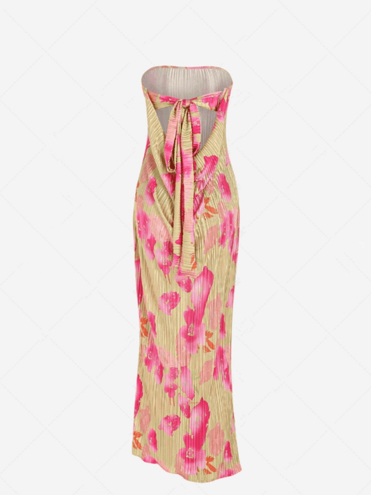 Abstract Floral Print Tied Open Back Pleated Strapless Maxi Tube Dress