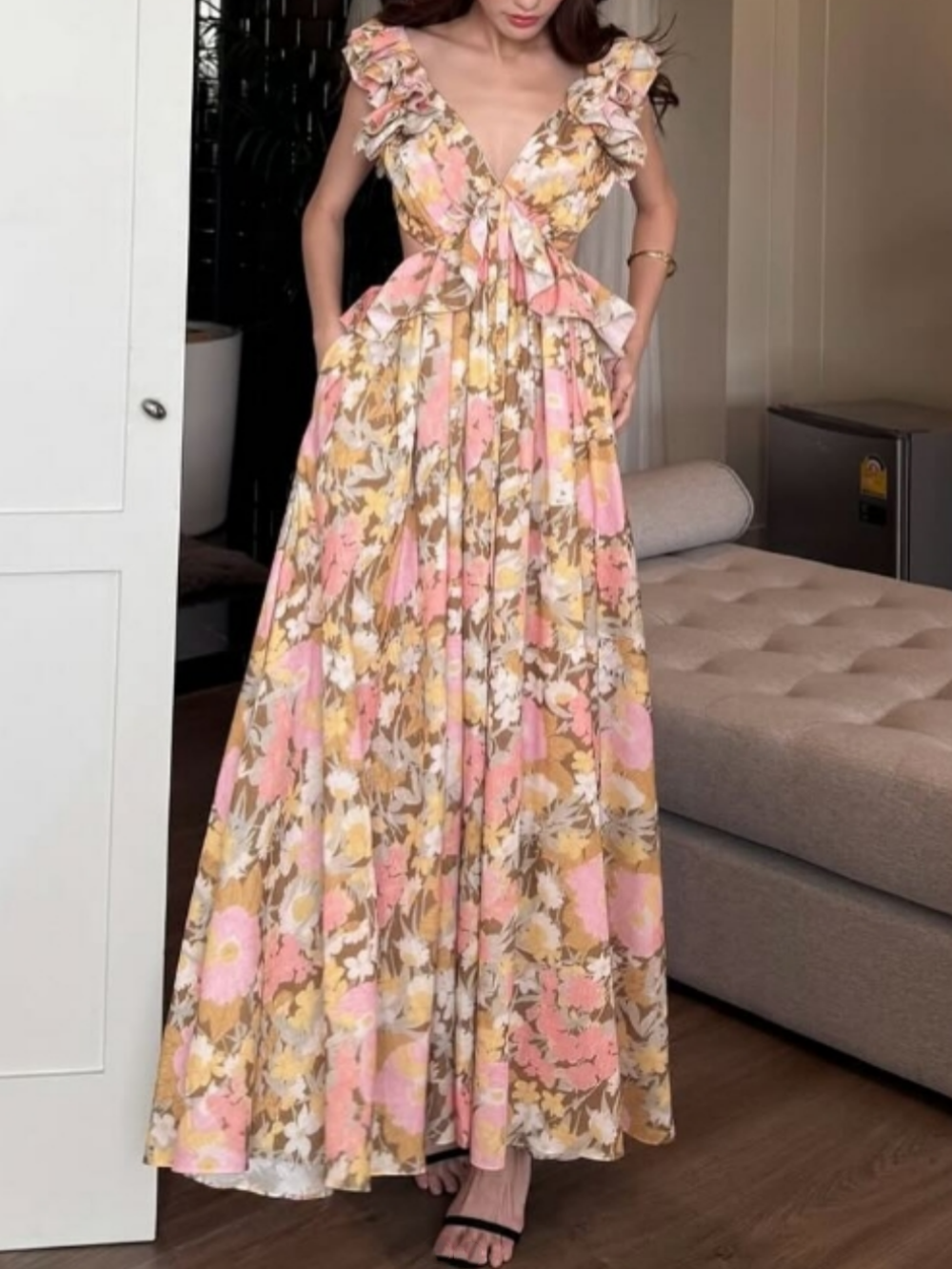 Warm Print Ruffled Cutout Maxi Dress