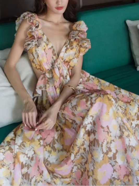 Warm Print Ruffled Cutout Maxi Dress