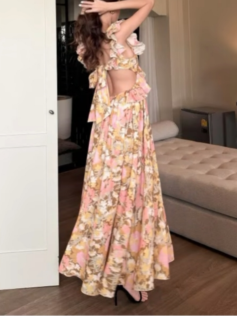 Warm Print Ruffled Cutout Maxi Dress