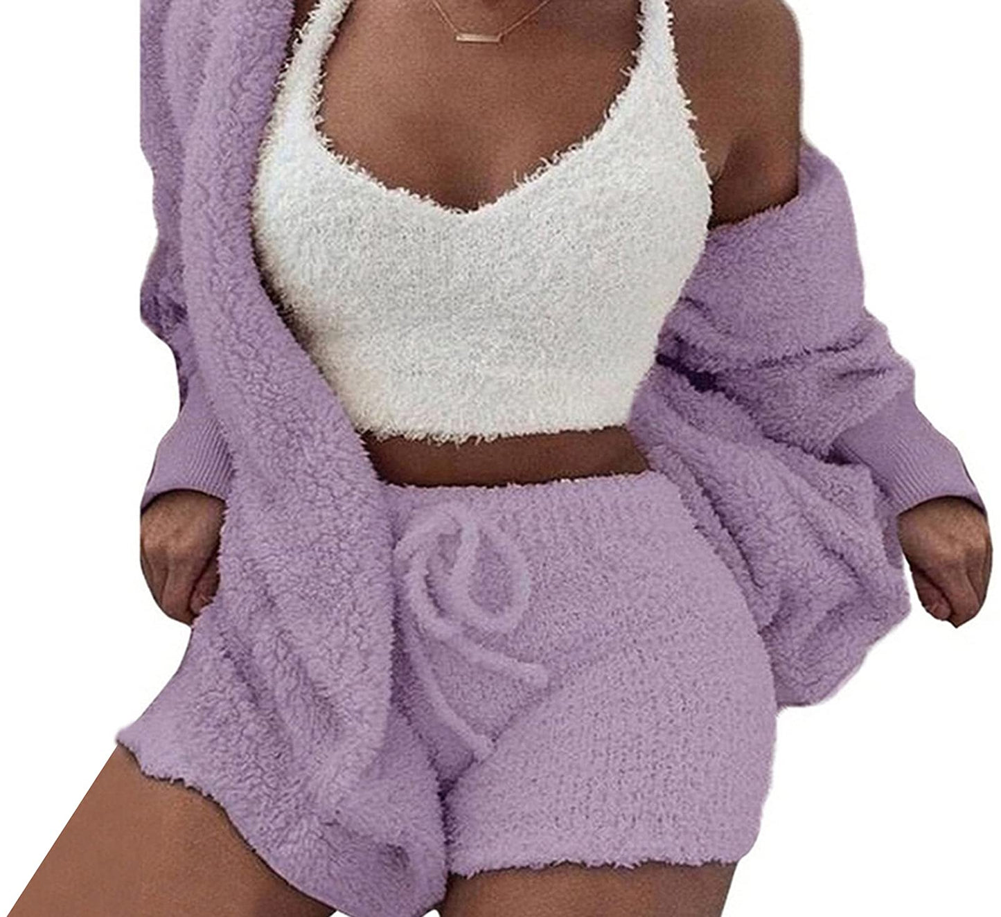 Womens Sexy Fuzzy 3 Piece Outfits Pajamas Loungewear