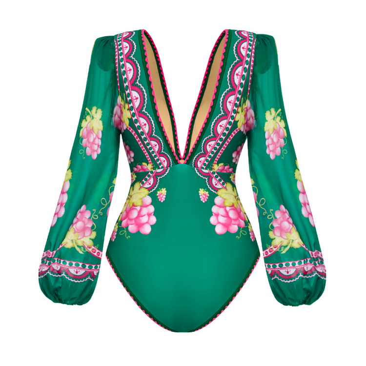 Vibecurve® Long-sleeved Retro Green Grapes Print One Piece Swimsuit and Skirt