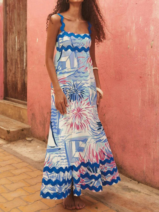 Floral wave strap A-line dress