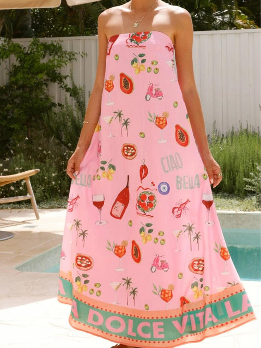 Strapless Bandeau Resort Print Maxi Dress