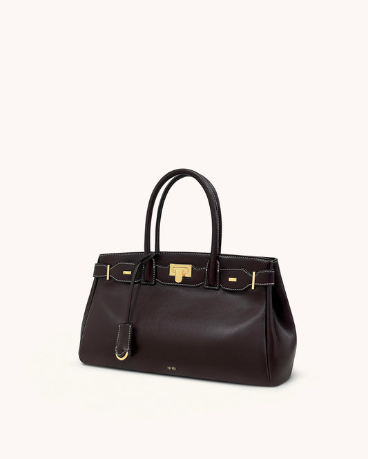 Ziva Metal Lock Decoration Tote Bag - Dark Brown