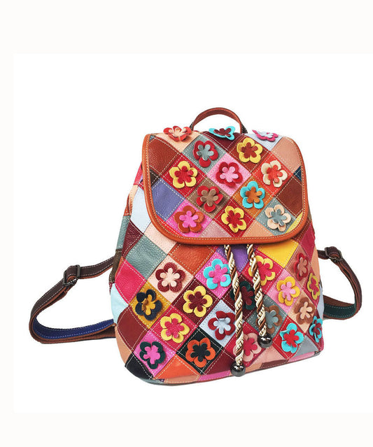 Handmade Multi Color Floral Patchwork Calf Leather Backpack Bag