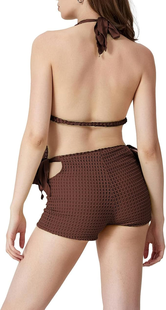 Vibecurve® Women Summer 2Pcs Crochet Shorts Set Tie Up Halter Open Back Split Tank Top Hollow Out Boho Shorts Club Beachwear