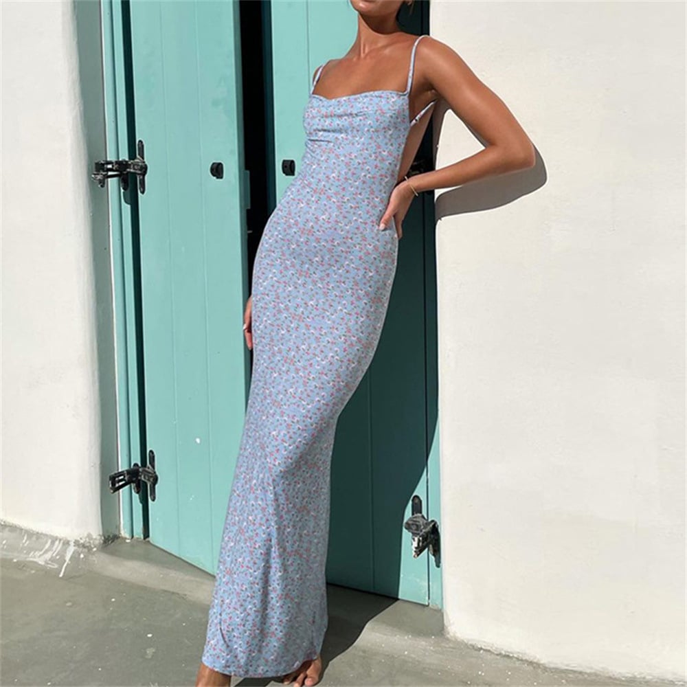Womens Floral Sexy Backless Maxi Dress