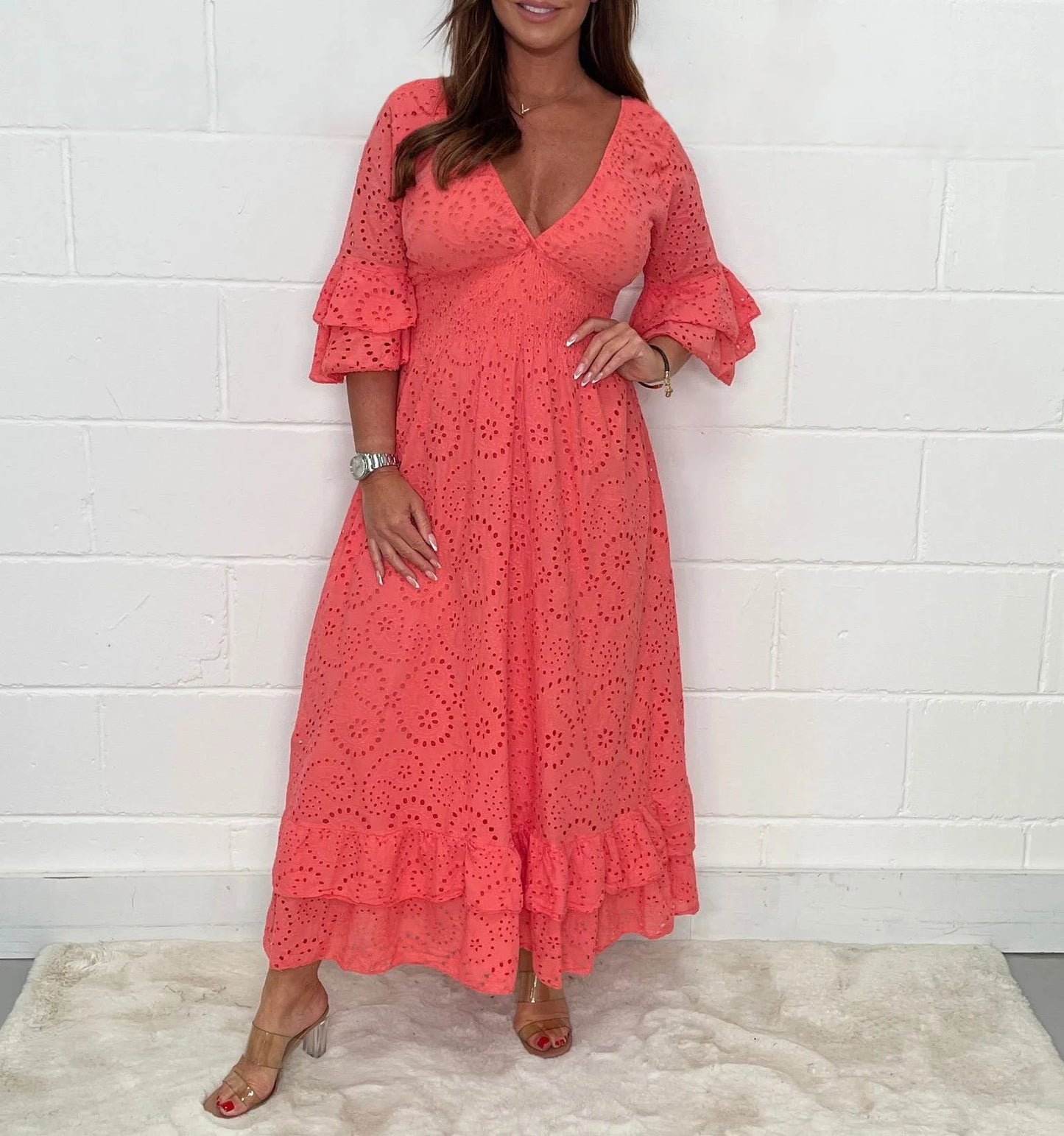 BUY 2 FREE SHIPPING-Embroidery Anglaise Frill Sleeve Midi Dress