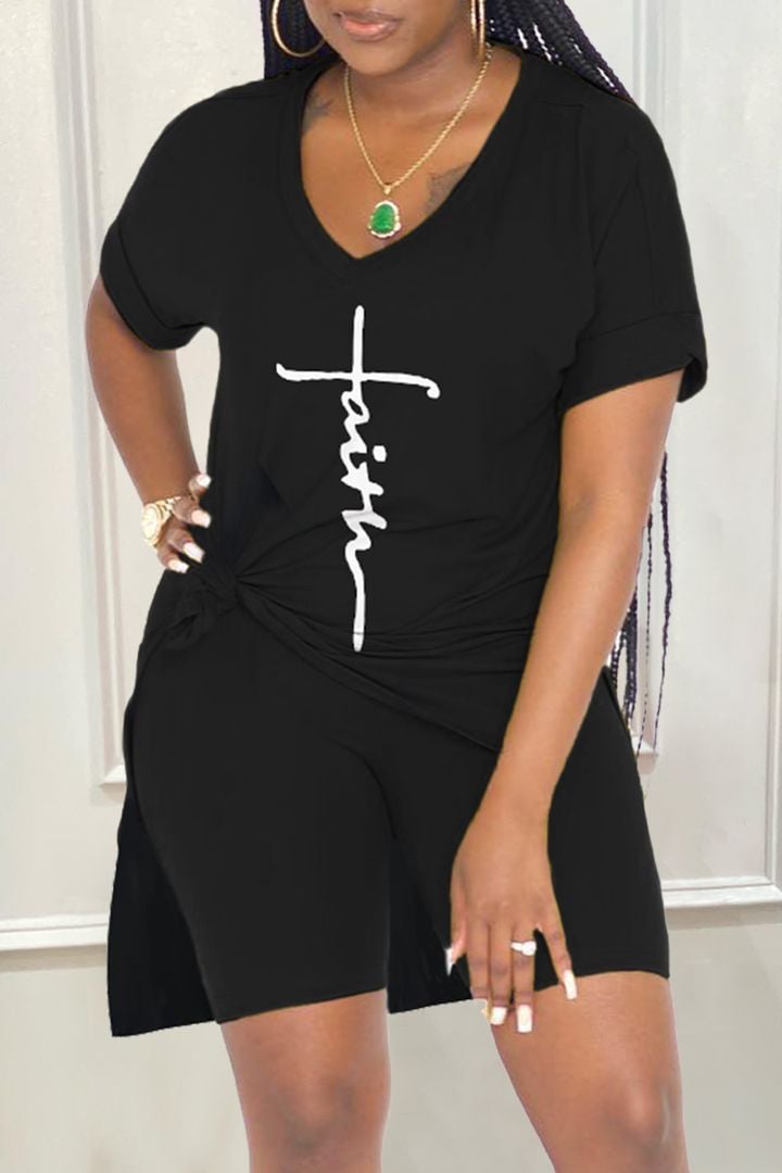 Letter Print Split Side V Neck T-Shirt & Shorts Two Piece Set