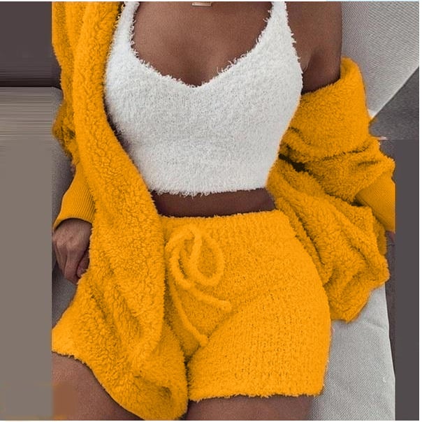 Womens Sexy Fuzzy 3 Piece Outfits Pajamas Loungewear