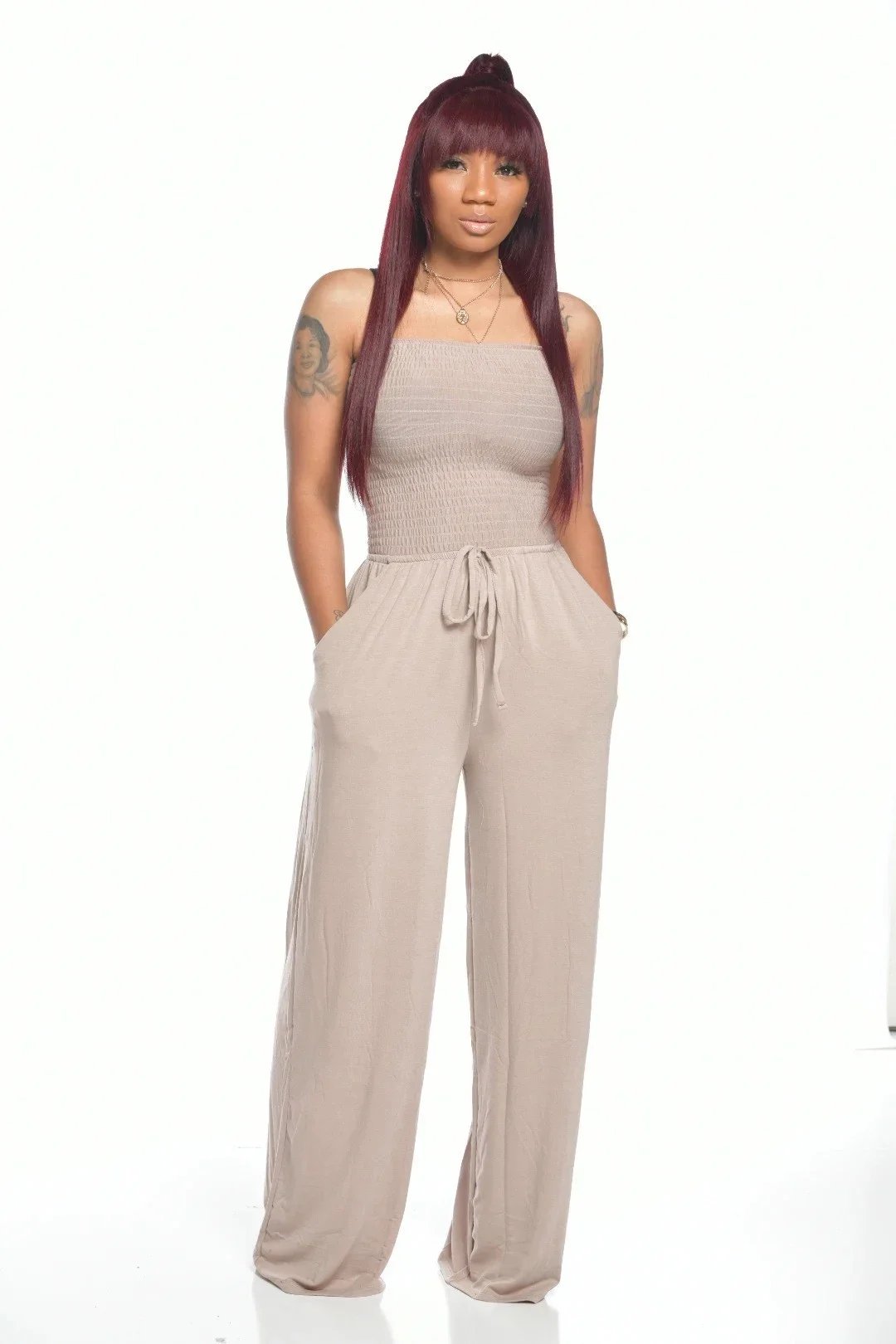 🔥Hot Sale 49%-OFF🔥Off Shoulder Solid Color Smocked Jumpsuit