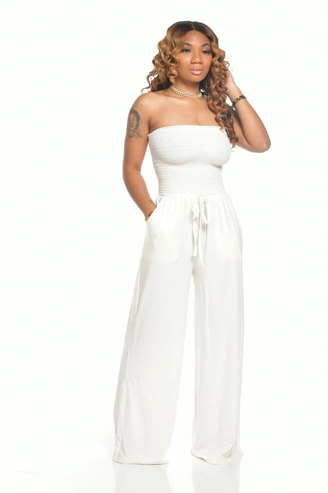 🔥Hot Sale 49%-OFF🔥Off Shoulder Solid Color Smocked Jumpsuit