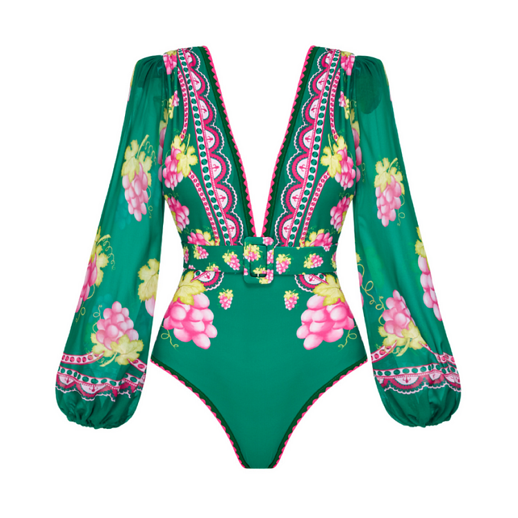 Vibecurve® Long-sleeved Retro Green Grapes Print One Piece Swimsuit and Skirt