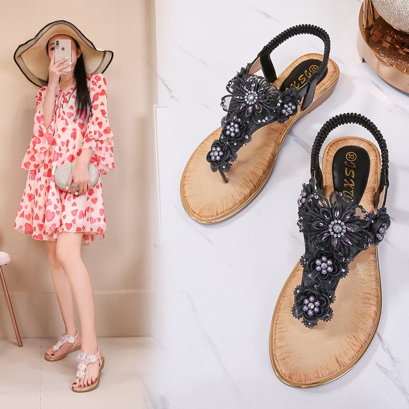 Rhinestone Floral Pattern Slingback Summer Beach Sandals