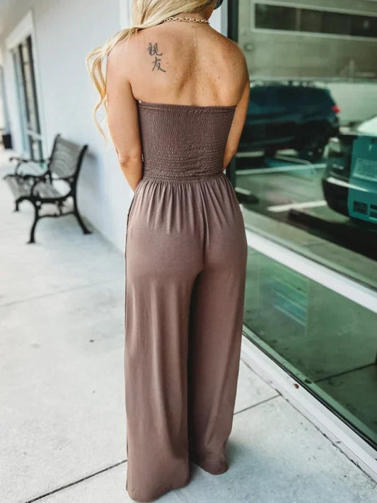 🔥Hot Sale 49%-OFF🔥Off Shoulder Solid Color Smocked Jumpsuit