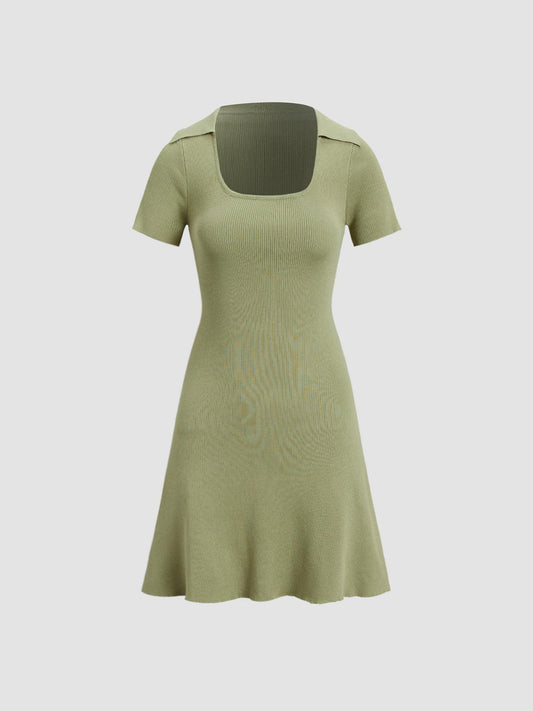 Collared Ribbed Square Neck Short Dress