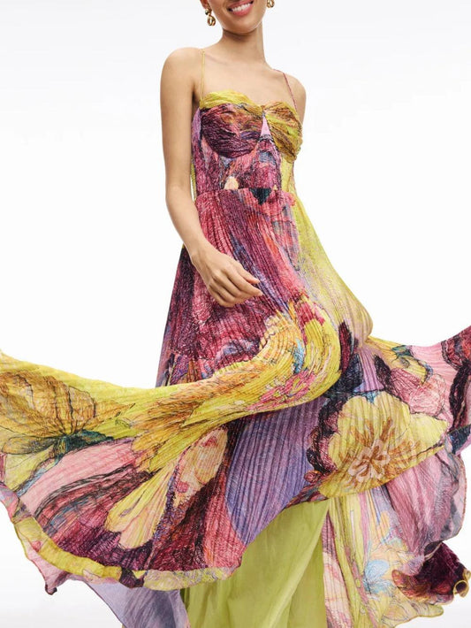 Painted Print Pleated Maxi Dress