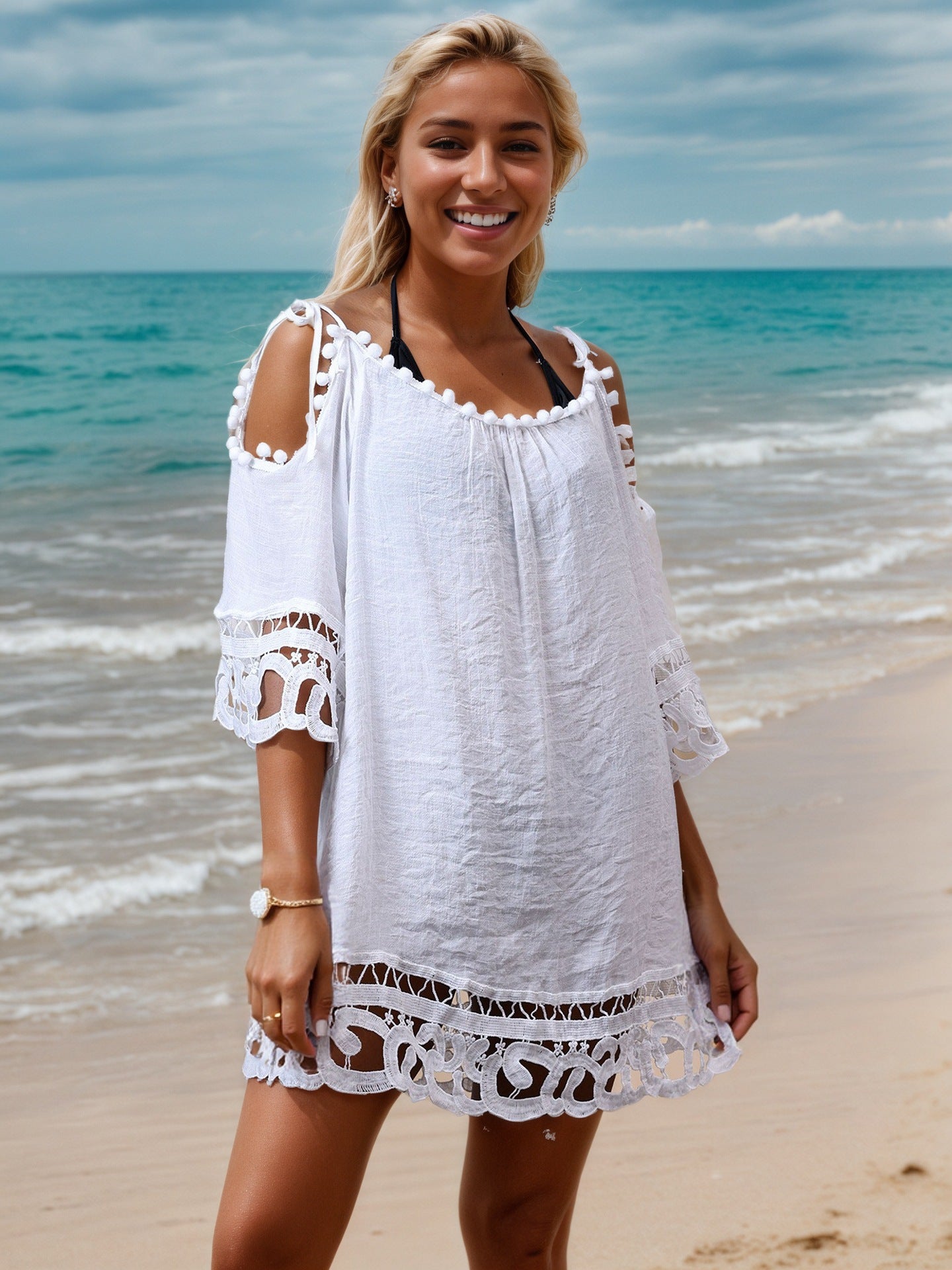 Vibecurve® Hollow Lace Sexy Solid Color Beach Dress Sun Protection Clothing Swimsuit Blouse
