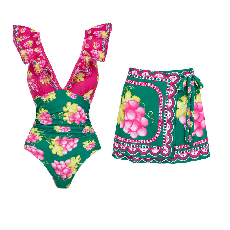 Vibecurve® Long-sleeved Retro Green Grapes Print One Piece Swimsuit and Skirt