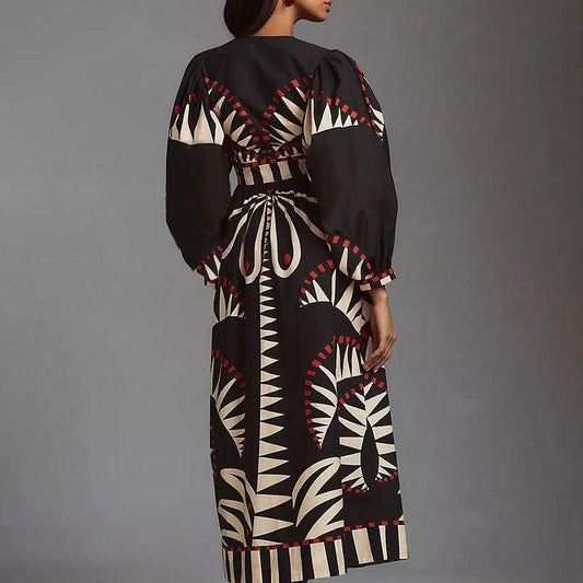 Retro Print Long Sleeve Fashion V Neck Lantern Sleeve Dress