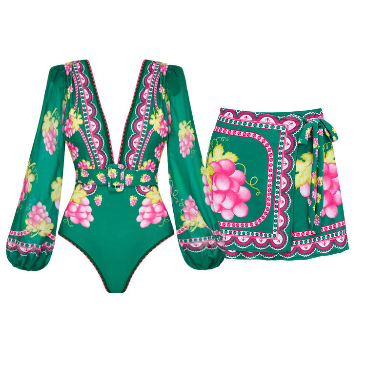 Vibecurve® Long-sleeved Retro Green Grapes Print One Piece Swimsuit and Skirt