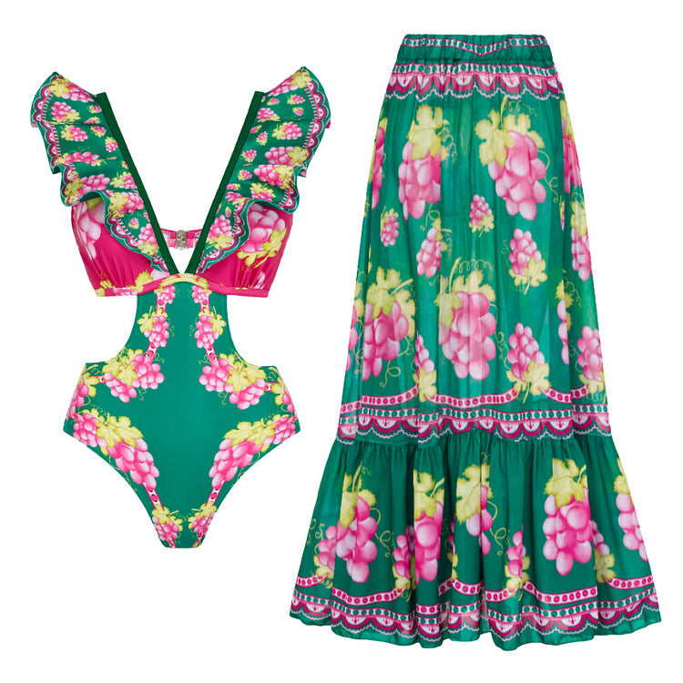Vibecurve® Long-sleeved Retro Green Grapes Print One Piece Swimsuit and Skirt