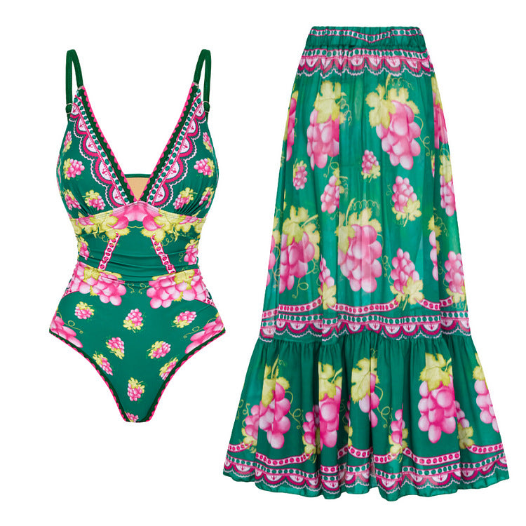 Vibecurve® Long-sleeved Retro Green Grapes Print One Piece Swimsuit and Skirt