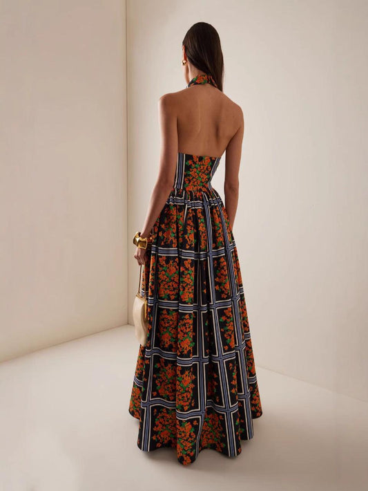 Sexy backless lapel printed long dress