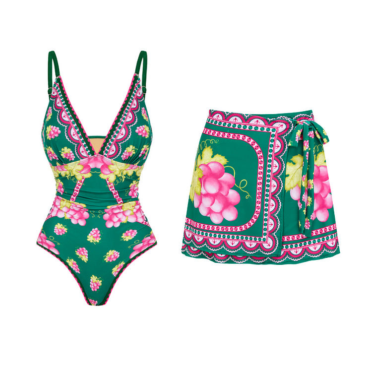 Vibecurve® Long-sleeved Retro Green Grapes Print One Piece Swimsuit and Skirt
