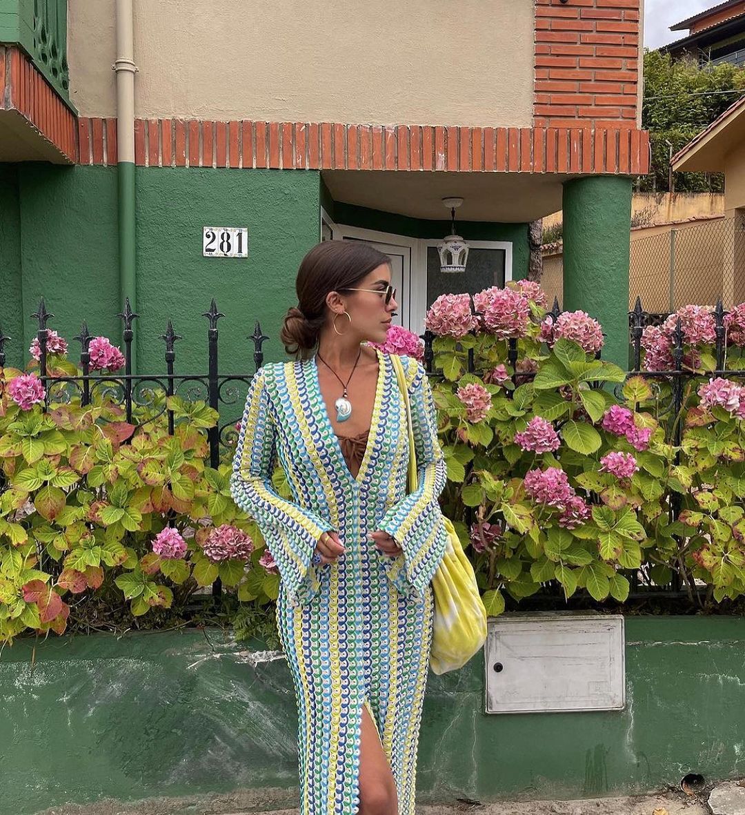 Vibecurve® Women’s Striped Maxi Dress Long Knit Beach Dresses Loose Fit Sexy Summer Contrast Color Side Slit Hollow Out Sundress
