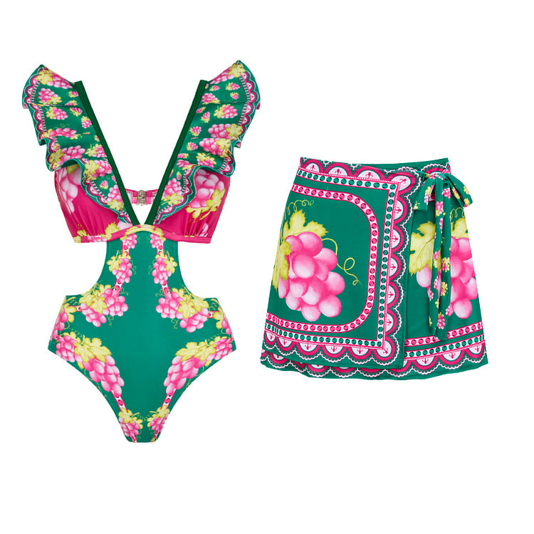 Vibecurve® Long-sleeved Retro Green Grapes Print One Piece Swimsuit and Skirt