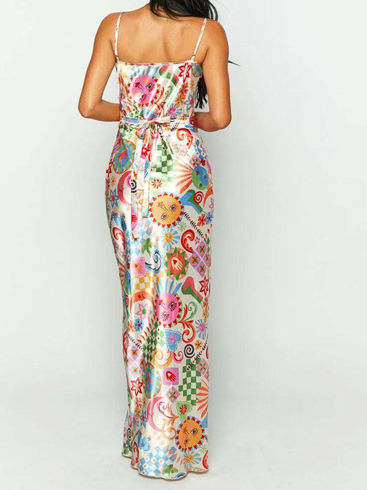 Multicolor Satin Summer Print Maxi Dress