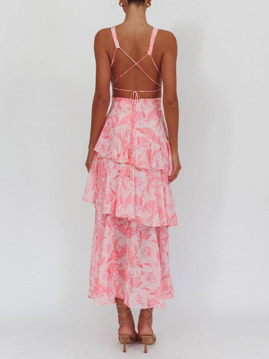 Strappy Back Maxi Dress Floral Pink