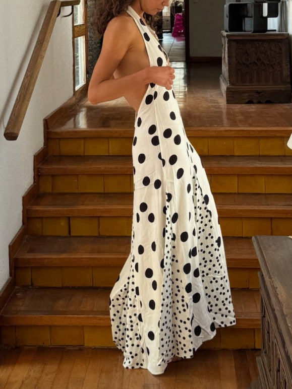 White Polka Dot Halter Neck Maxi Dress