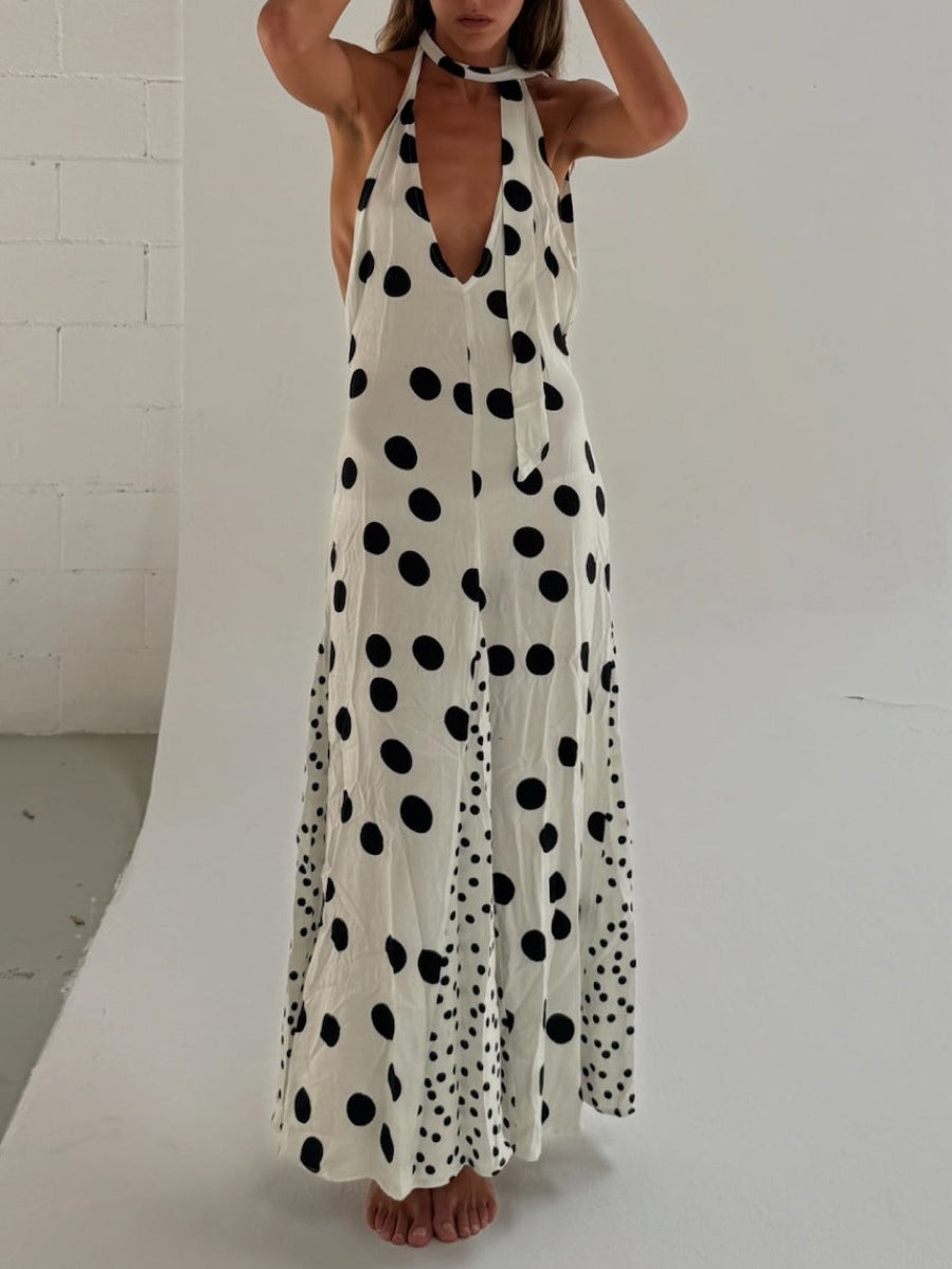 White Polka Dot Halter Neck Maxi Dress