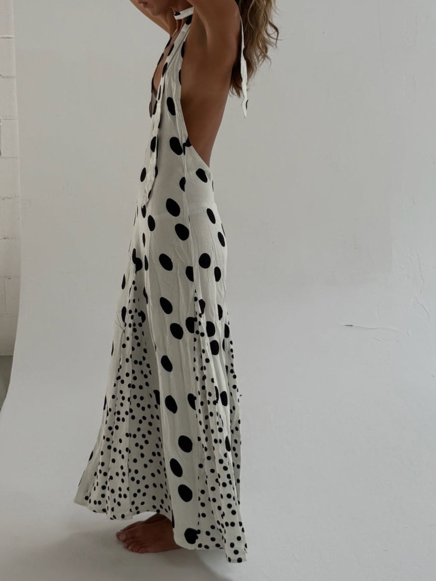 White Polka Dot Halter Neck Maxi Dress