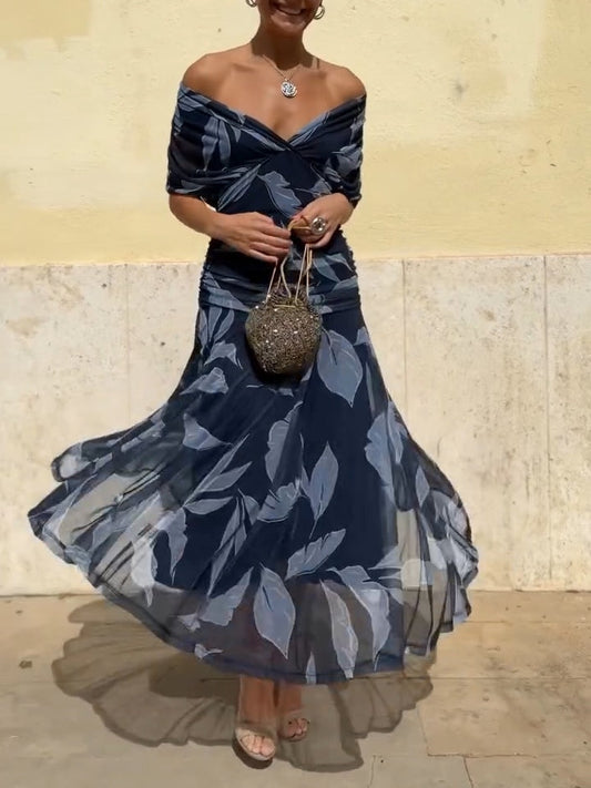 Dark Blue Leaf Print Dress