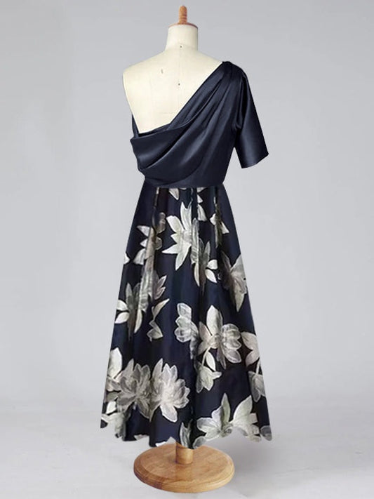 One-shoulder Floral Satin Maxi Dress