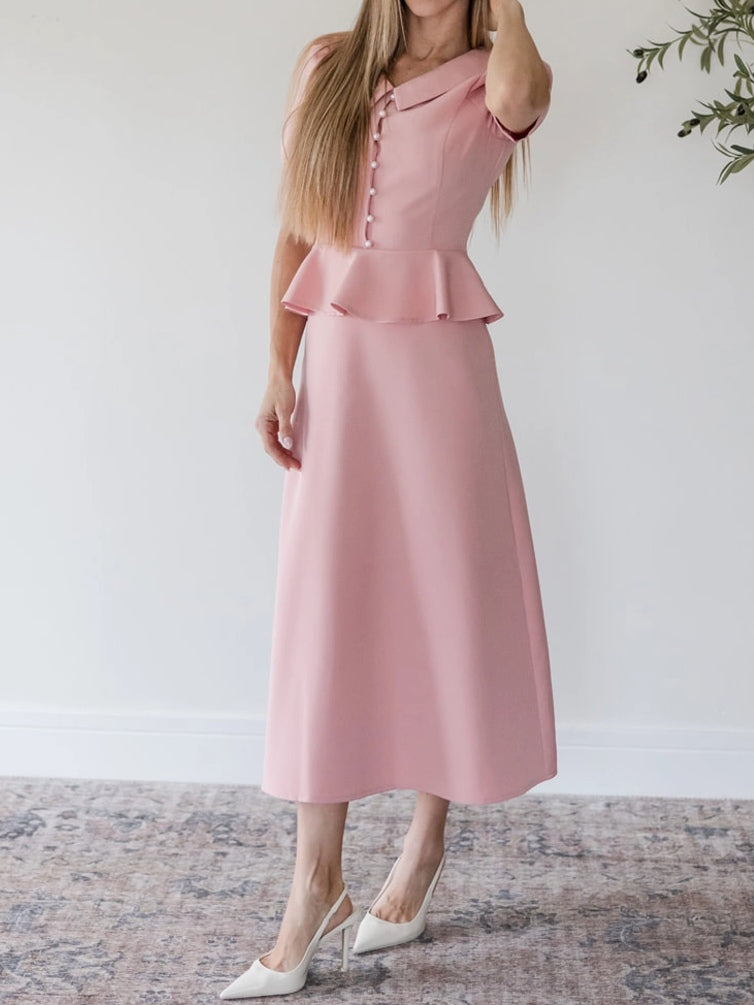 Elegant Little Doll Collar Pearl Ruffle Midi Dress