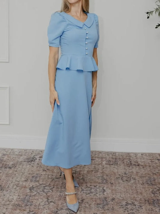 Elegant Little Doll Collar Pearl Ruffle Midi Dress